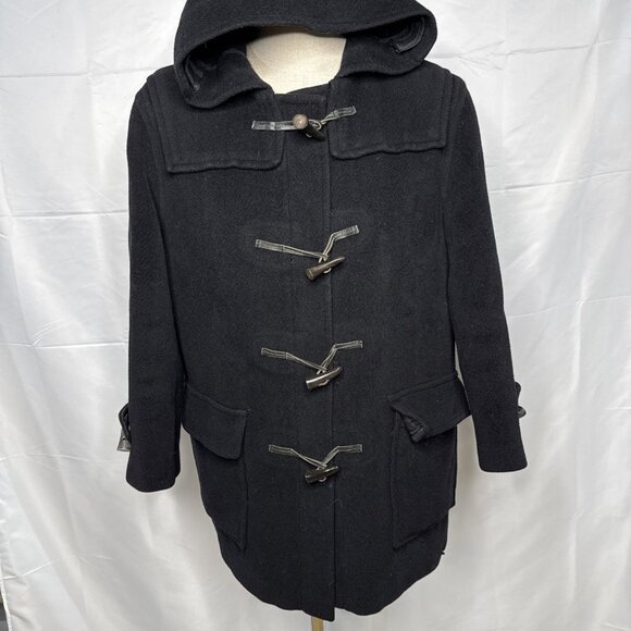 BURBERRY LONDON Duffle Coat Toggle Wool Hooded Black UK 16 US 12 L - Picture 1 of 11